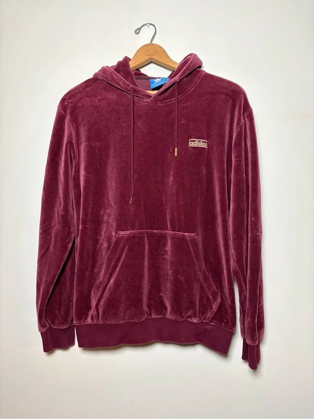 adidas Retro Velour Hoodie Sweatshirt Maroon Burgundy Mens Medium